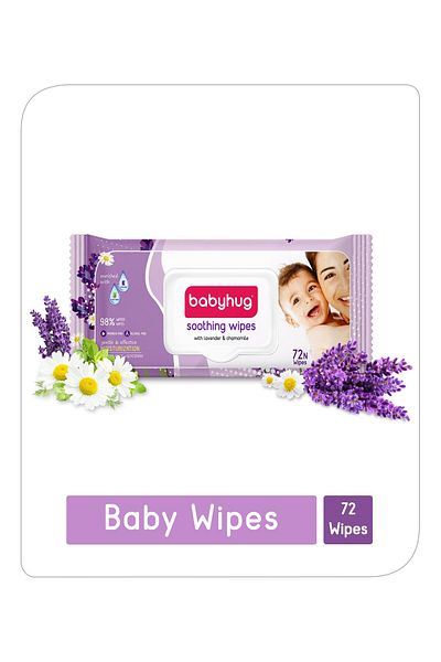 Babyhug Lavender & Chamomile Wipes 72 - Gentle Cleansing f/ Babies, Alcohol-Free with Aloe