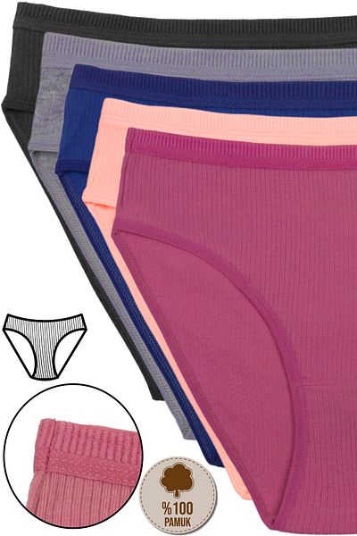 Humaone Pachet de 5 chiloți bikini cu talie cu nervuri - 100% bumbac femei - negru bleumarin Yavruağzı Dusty Rose Gri Bk2-b1
