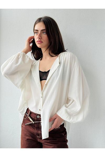 Retrobird Linda Ecru Color Black-Gold Button Comfortable Women's Long Sleeve Shirt