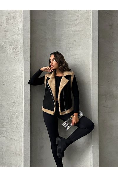 LONCA Suede Collar Sheepskin Vest with Fur Inside and Zipper