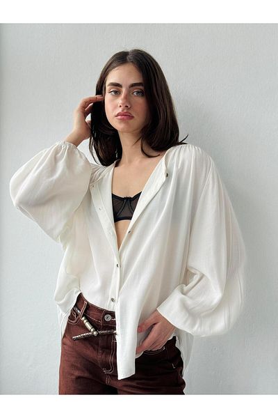 Retrobird Linda Ecru Color Black-Gold Button Comfortable Women's Long Sleeve Shirt