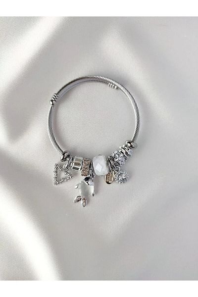 ARYA DESİGN Silver Color White Fish Charm Steel Bracelet