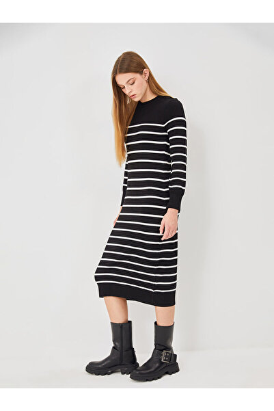 LC Waikiki LCW Vision Ekru Çizgili Bisiklet Yaka Çizgili Kadın Triko Elbise