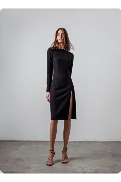 azabutik SİYAH RENGİ YIRTMAÇLI ELBİSE