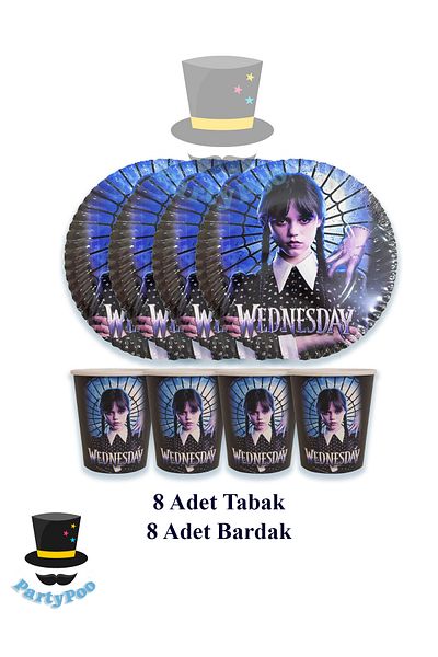 PartyPoo Wednesday Themed Set of 8 Plates and Cups |   Birthday Party Ornament and Decoration