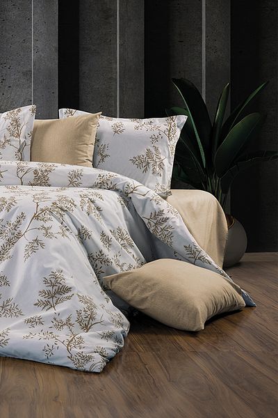 GARDEN ROOM Double Sharaja White Floor/Beige Floral Model Duvet Cover Set - with Elastic Sheet and Pillowcases