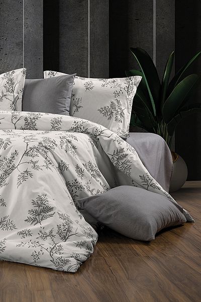 GARDEN ROOM Double Sharaja White/Grey Model Duvet Cover Set - with Elastic Sheet and Pillowcase