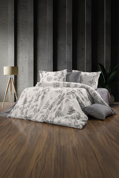 GARDEN ROOM Double Sharaja White/Grey Model Duvet Cover Set - with Elastic Sheet and Pillowcase