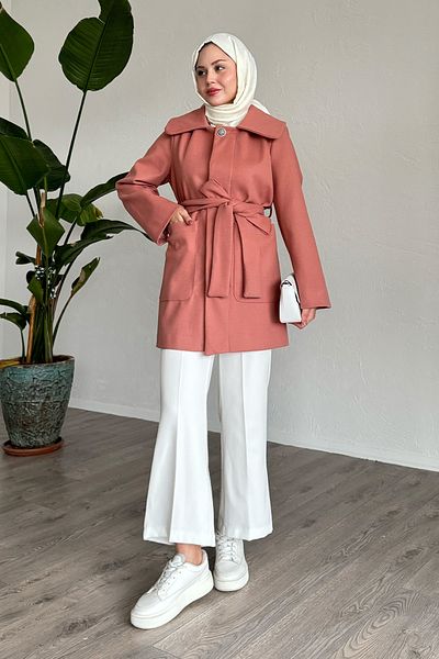 InStyle Button Detailed Lined Dusty Rose Short Coat