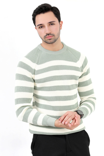 JB John Borners سترة تريكو رجالية مخططة من Çağla - رقبة دائرية سيلاني، مضلعة - 2008