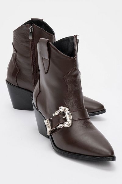 LuviShoes Γυναικείες μπότες με τακούνι ANY Brown Skin Stone από γνήσιο δέρμα