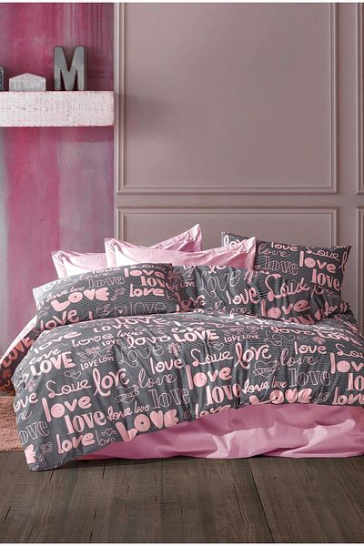 GARDEN ROOM Double Love - Ροζ βαμβακερό σετ παπλωματοθήκης με ελαστικά σεντόνια και μαξιλαροθήκες