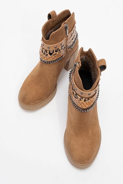 LuviShoes Γυναικείες μπότες με χοντρό τακούνι BOLİVA Tan Suede Arched Chain