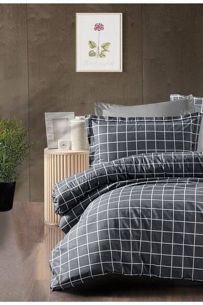 GARDEN ROOM Square Patterned Black - Anthracite Duvet Cover Set, Elastic Double
