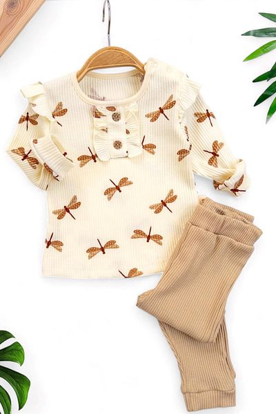 Egelite Baby Girl 2-Piece Set with Dragonfly Print - Ribbed and Ribbed Fabric with Leggings, Seasonal 6-24 Months