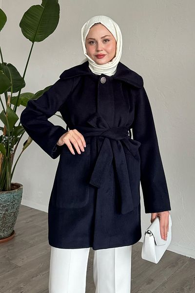 InStyle Button Detailed Lined Navy Blue Short Coat