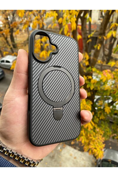Posso Apple İphone 16 Uyumlu Kılıf Karbon Fiber İşlemeli Tasarım Metal Magsafe Stand Özellik Case