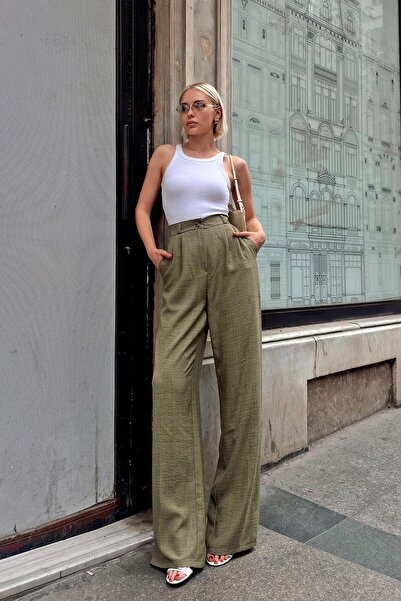 Swist Linen Palazzo Trousers - Khaki Aura, Women's Cut with Elastic Waist and Pockets