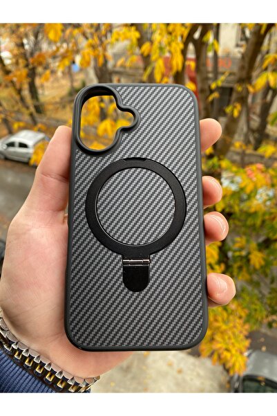 Posso Apple İphone 16 Uyumlu Kılıf Karbon Fiber İşlemeli Tasarım Metal Magsafe Stand Özellik Case