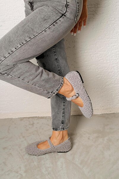 Beyond Women's Gray Mary Jane Teddy Plush Single Strap Daily Ballerina Ballerina Byndmj01