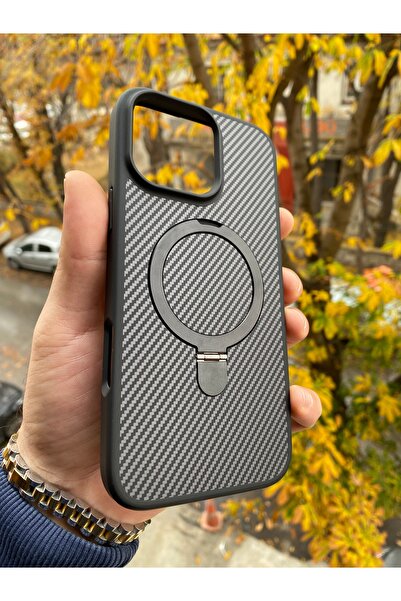 Posso Apple İphone 16 Pro Max Uyumlu Kılıf Karbon Fiber İşlemeli Tasarım Metal Magsafe Stand Özellik Case