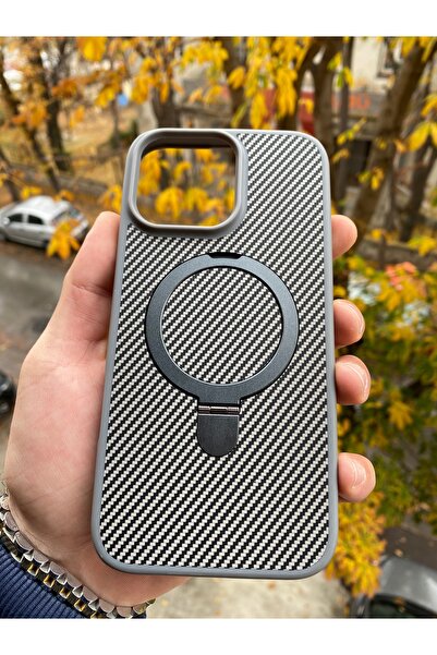 Posso Apple İphone 16 Pro Max Uyumlu Kılıf Karbon Fiber İşlemeli Tasarım Metal Magsafe Stand Özellik Case