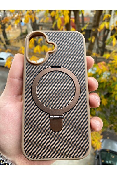 Posso Apple İphone 16 Uyumlu Kılıf Karbon Fiber İşlemeli Tasarım Metal Magsafe Stand Özellik Case