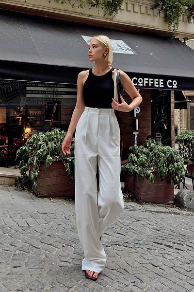 Swist Palazzo-Hose aus Leinen – Weiße Aura, elastischer Bund und Tasche