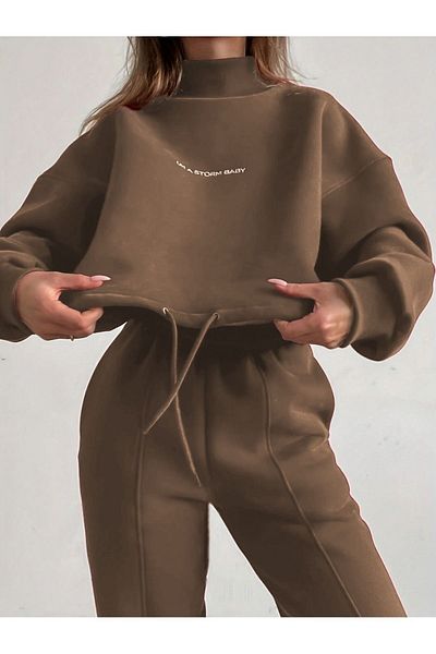 Know Women's 3 Thread Milk Coffee Storm Baby Print Bottom Top Tracksuit Set