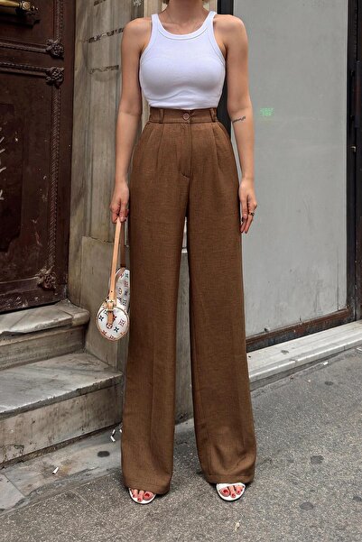 Swist Lněné dámské kalhoty Palazzo - hnědá aura, kapsy a elastický pas