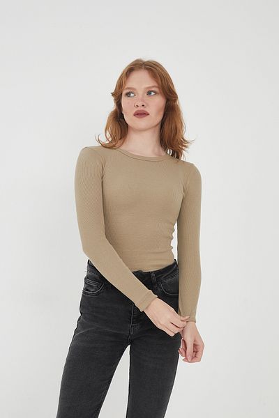 Wearflawless Γυναικεία 100% ΒΑΜΒΑΚΙ λαιμόκοψη μακρυμάνικη μπλούζα με ραβδώσεις