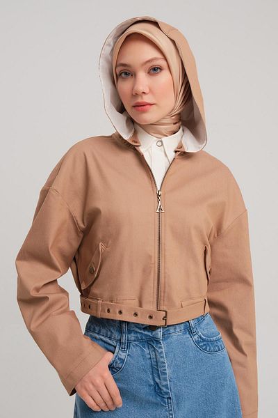 Armine Camel Colored Cotton Jacket with Mobile Hood and Belt - 24Y5406