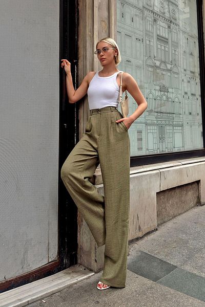 Swist Palazzo-Hose aus Leinen – Khaki Aura, Damenschnitt mit elastischem Bund und Taschen