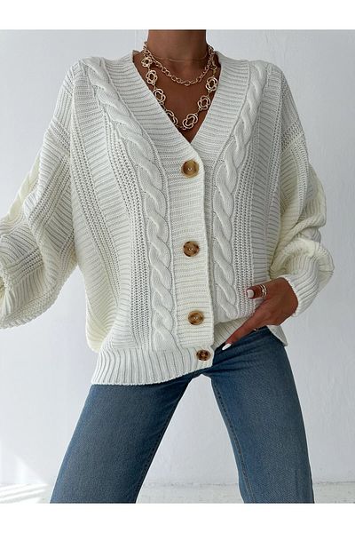 miratriko Hair Knit Detailed Balloon Sleeve Cardigan Sweater