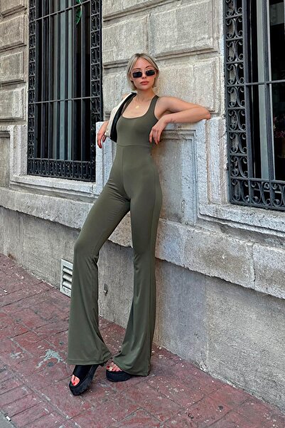 Swist Haki Çapraz Askılı İspanyol Paça Kadın Tulum