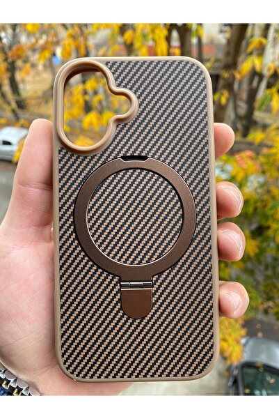 Posso Apple İphone 16 Uyumlu Kılıf Karbon Fiber İşlemeli Tasarım Metal Magsafe Stand Özellik Case