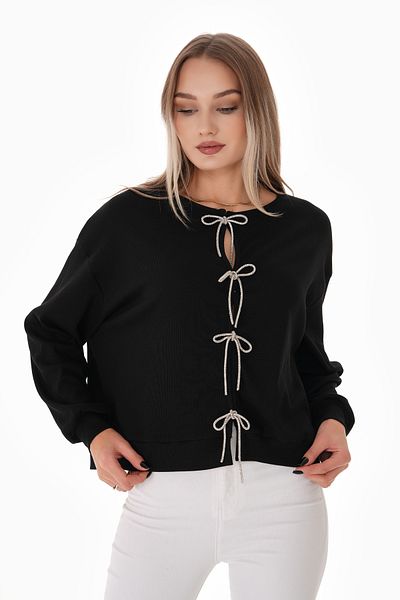 Pulli Collection Μαύρη ραβδωτή μπλούζα με αξεσουάρ από πέτρα