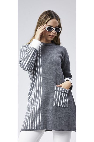 CNR TEKSTİL Chain Patterned Beard Mixed Knit Tunic