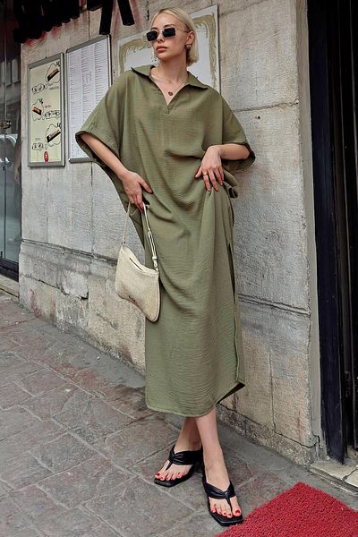 Swist Leinengemisch Khaki Rose Polokragen Locker geschlitztes Midikleid für Damen