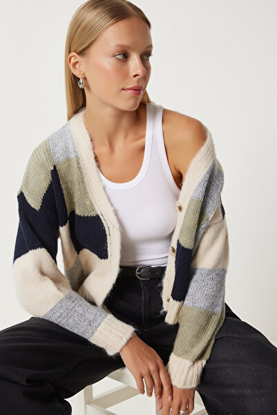 RECEP AYDIN Women's Cream Khaki V-Neck Buttoned Knitwear Cardigan