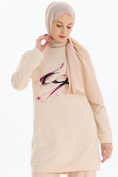 Tuğba Beige Pattern Printed Stone Sweat