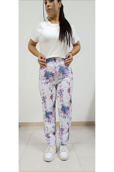 AKŞEN GİYİM Plus Size Women's Summer Cotton Linen - Pipe Leg Floral Patterned Trousers