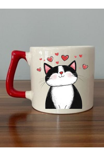 lili hediyelik Cute Cat with Heart Printed Red Handle Mug Cup Birthday Gift - Teacup