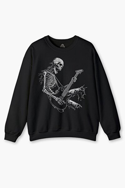 so cool Hanorac negru Heavy Metal Skeleton Guitar Playing Skull Printed Rock