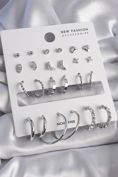 Epilons طقم أقراط نسائية من 12 زوجًا بلون فضي نحاسي مع تفاصيل من حجر الزركون ...