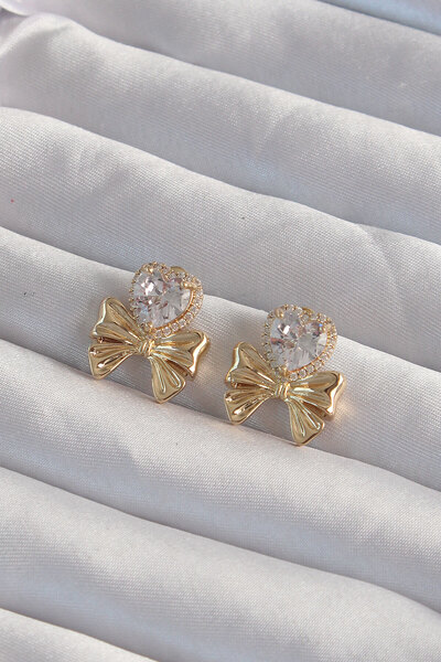 Epilons Brass Gold Color Zircon Stone Heart Model Bow Earrings - Tj-Bkp9311 Z...