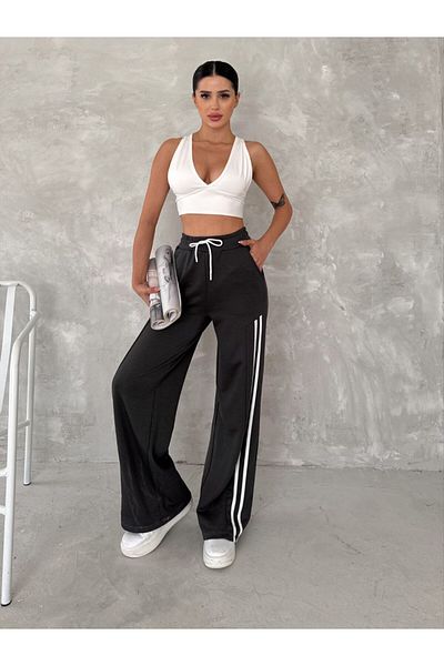 NEW JOURNAL Γυναικείο αθλητικό παντελόνι Anthracite High Waist Stripe - Tll-4503109