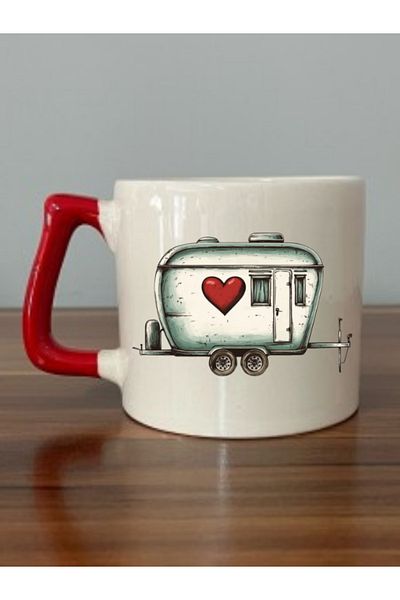 lili hediyelik Heart Caravan Printed Red Mug with Handle Birthday Gift - Teacup