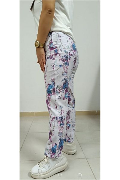AKŞEN GİYİM Plus Size Women's Summer Cotton Linen - Pipe Leg Floral Patterned Trousers