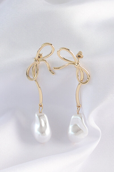 Leyaton Lwlhmrs-Ieg Ieg ™   Brass Gold Color Bow Model Pearl Stone Long Earri...